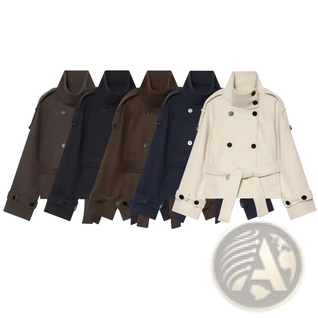 Five belted double breasted trench coats in brown, navy, and cream displayed side by side for classic outerwear