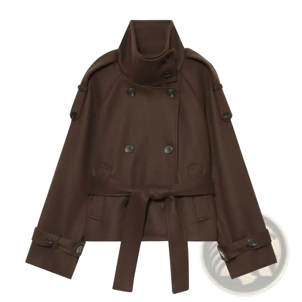 Brown belted double breasted trench coat with high collar buttoned cuffs and waist tie in a soft fabric