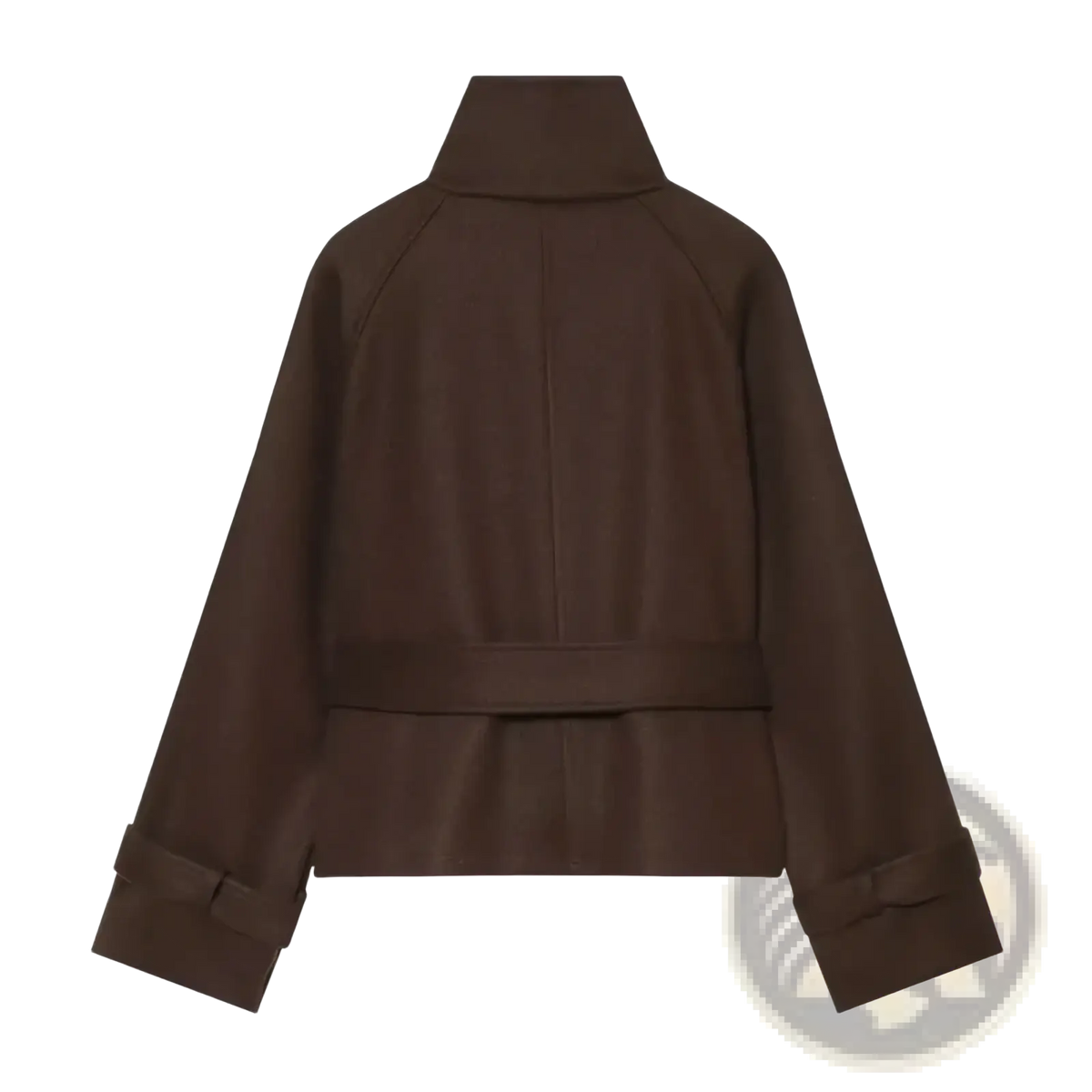 Brown belted double breasted trench coat with high collar and wide sleeves in soft brown fabric for stylish wear
