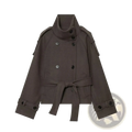 Dark gray double breasted trench coat with black buttons and matching belt shown from the front