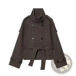 Dark gray double breasted trench coat with black buttons and matching belt shown from the front