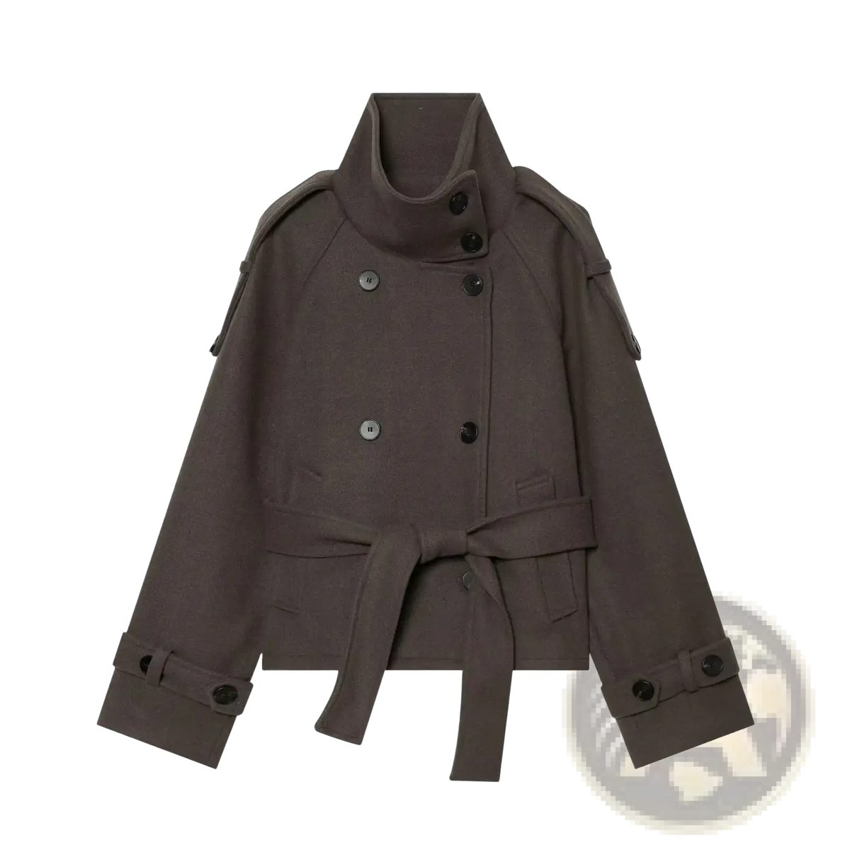 Dark gray double breasted trench coat with black buttons and matching belt shown from the front