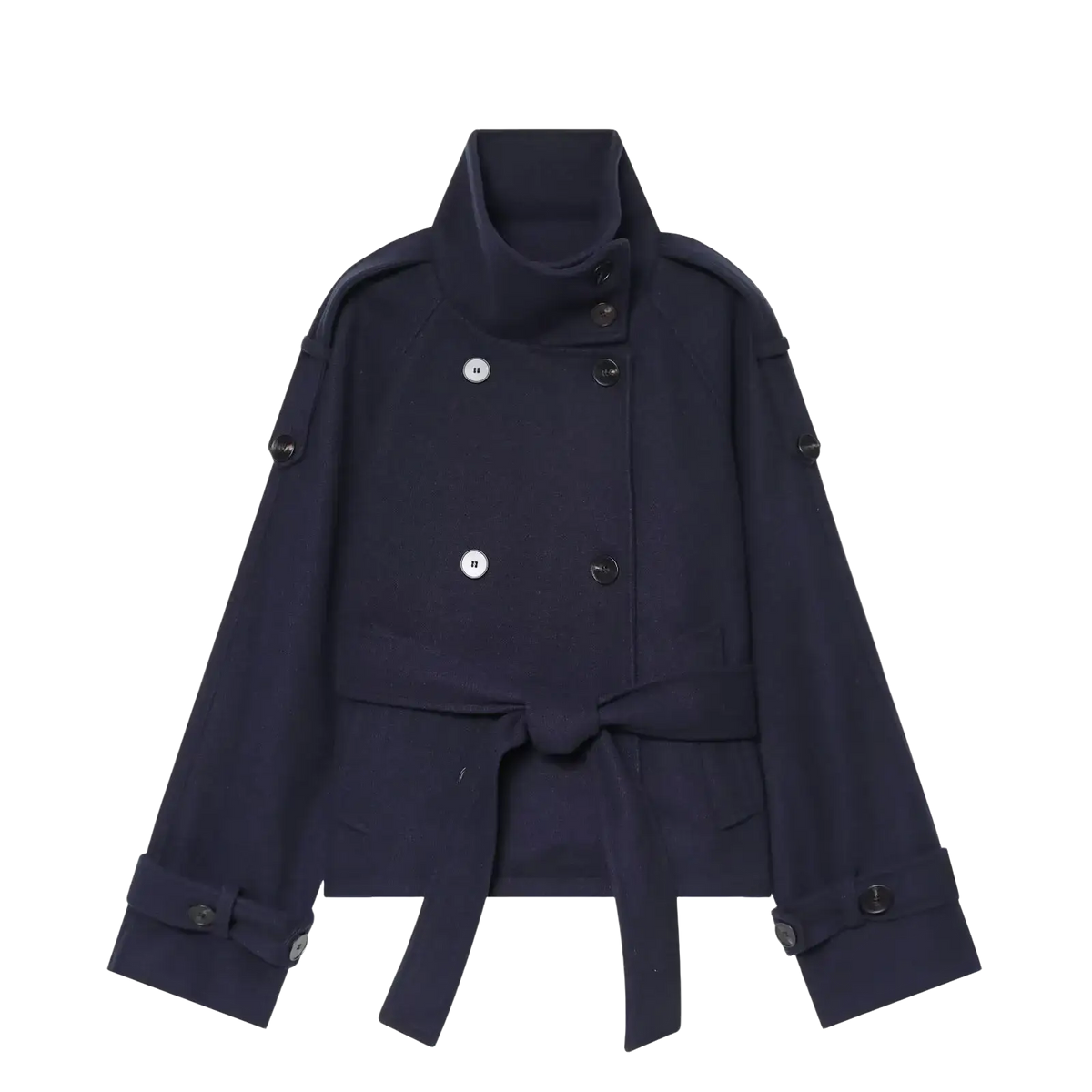 Navy blue double-breasted trench coat with high collar belted waist and silver buttons shown from the back