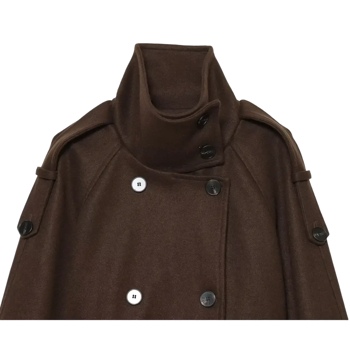 Brown belted double breasted trench coat in wool with a high collar and contrasting black and white buttons