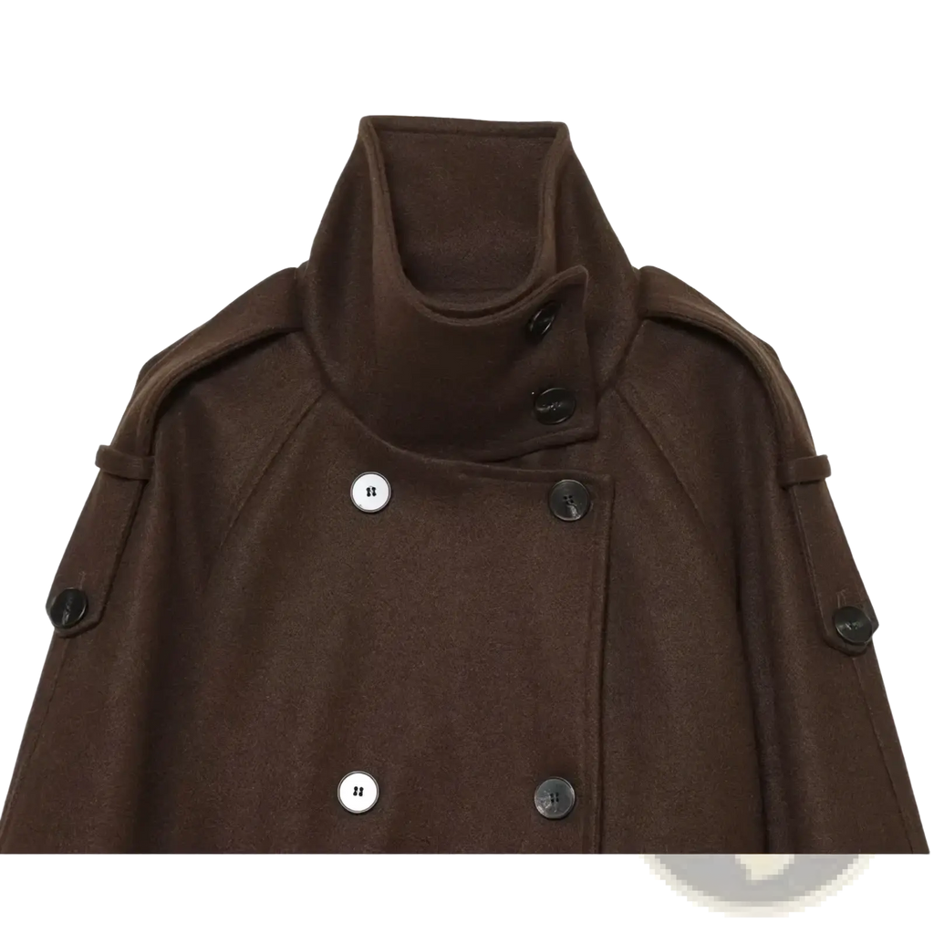 Brown belted double breasted trench coat in wool with a high collar and contrasting black and white buttons