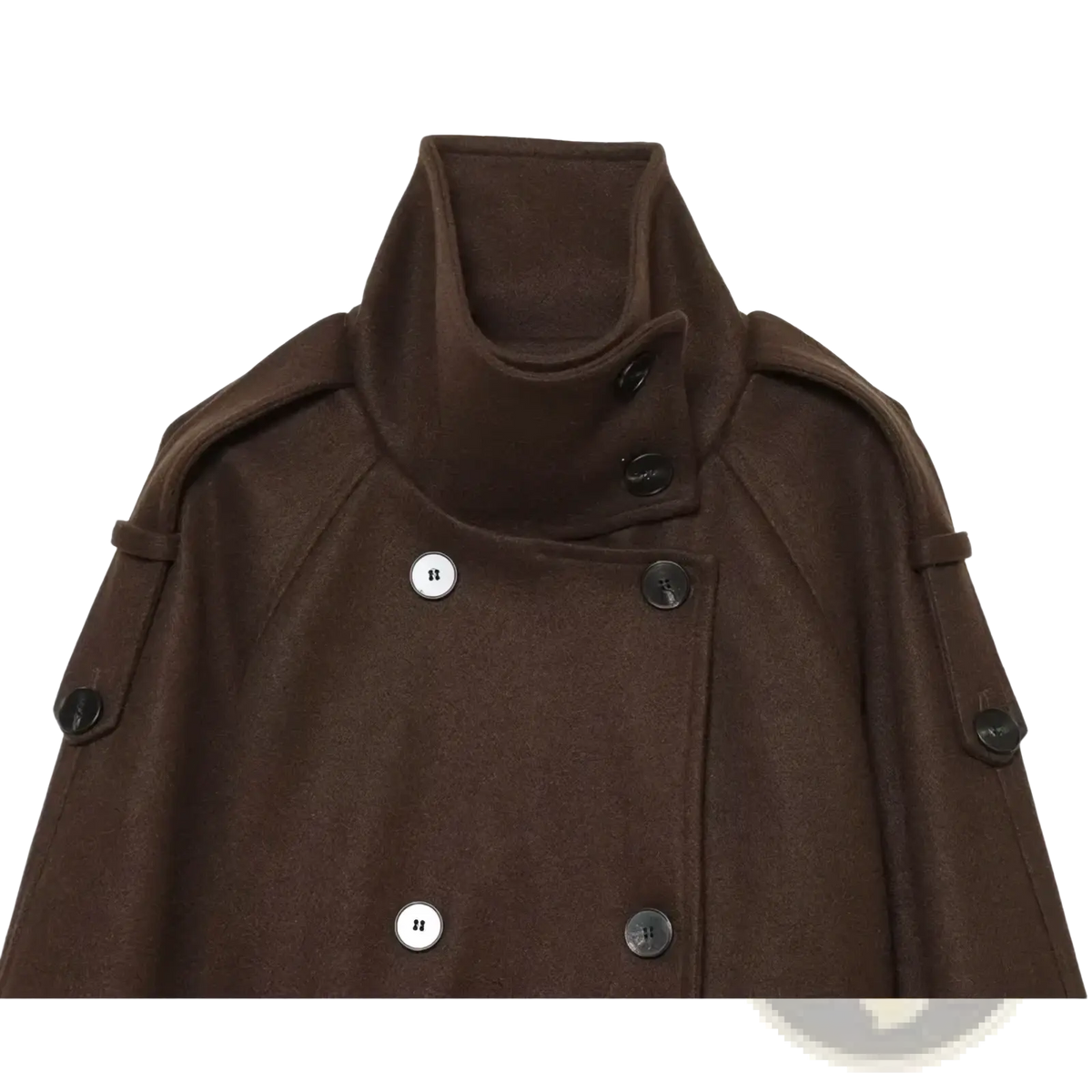 Brown belted double breasted trench coat in wool with a high collar and contrasting black and white buttons