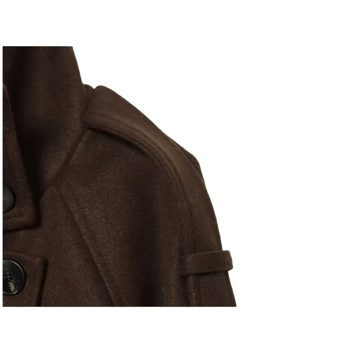 Brown belted double breasted trench coat in wool with structured shoulder and dark buttons