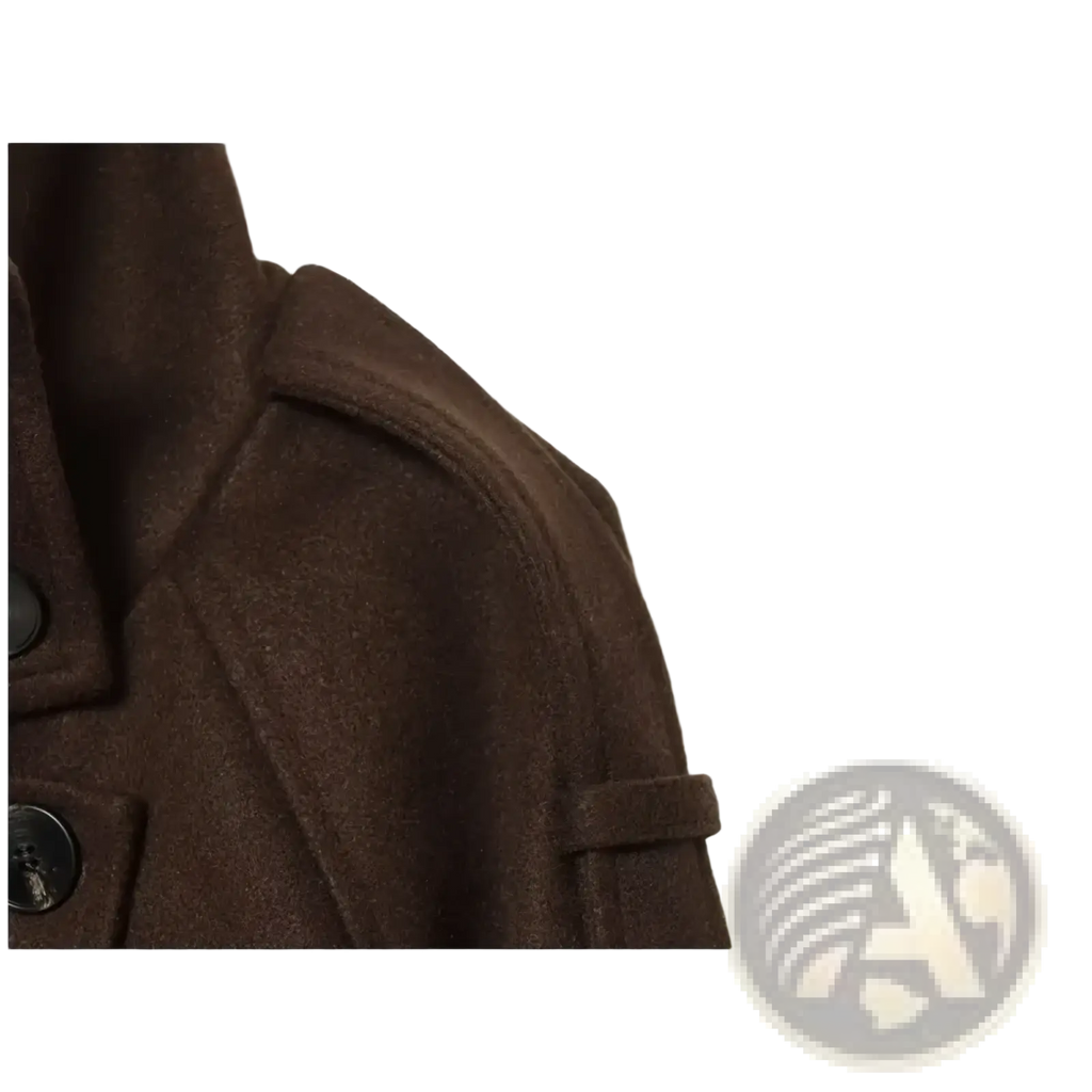Brown belted double breasted trench coat in wool with structured shoulder and dark buttons