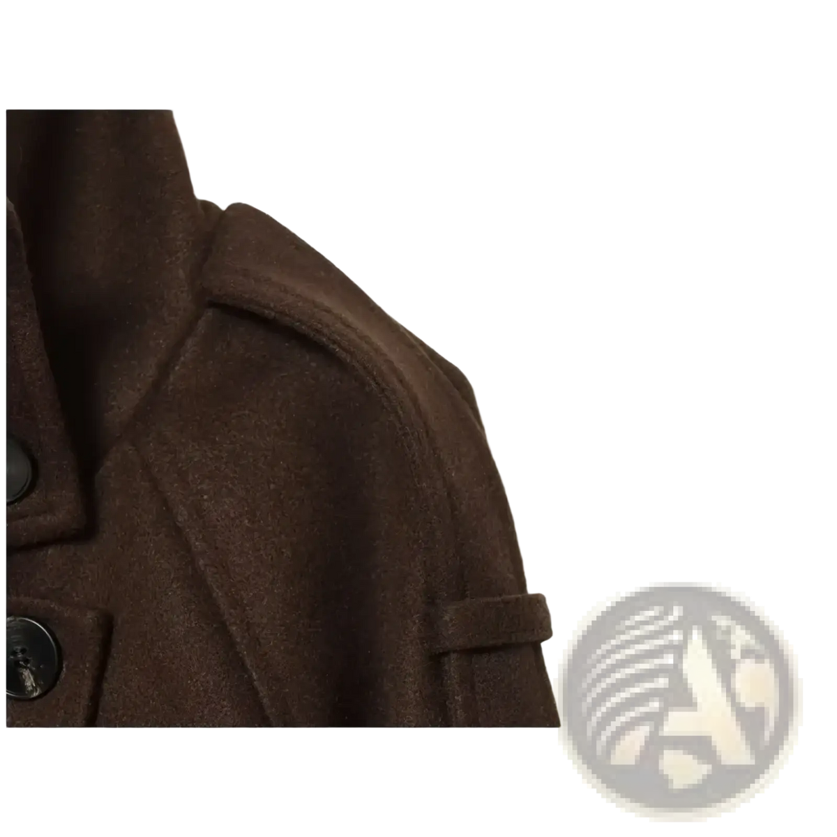 Brown belted double breasted trench coat in wool with structured shoulder and dark buttons