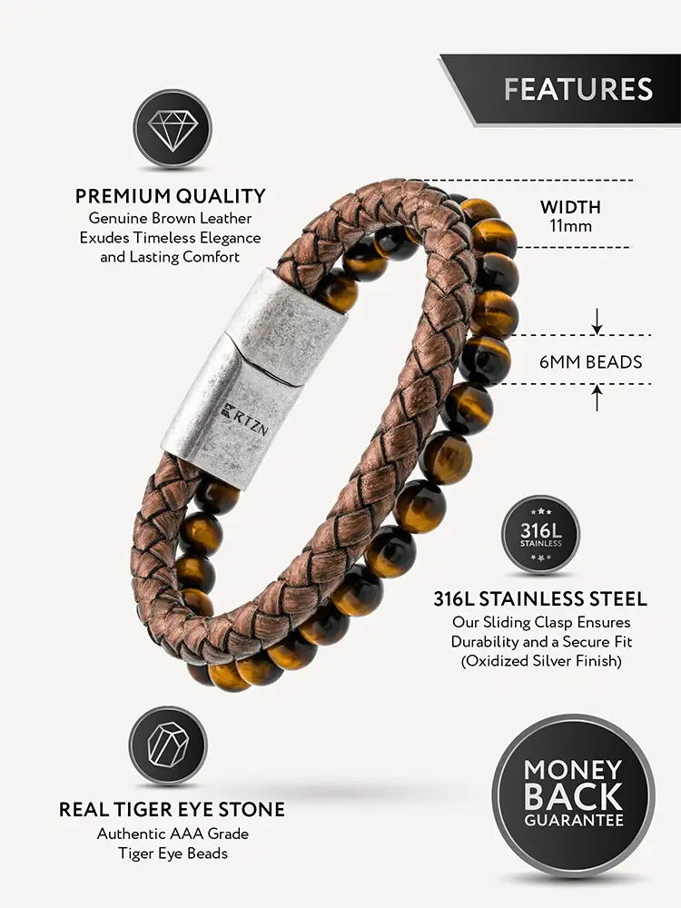 Brown braided leather bracelet with tiger eye stones and 316l stainless steel clasp for stylish wear