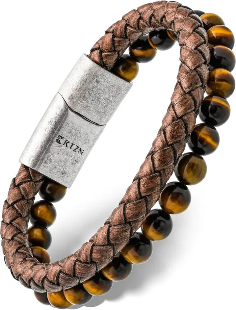 Tiger eye and brown braided leather bracelet featuring tiger eye beads and a silver-toned steel magnetic clasp