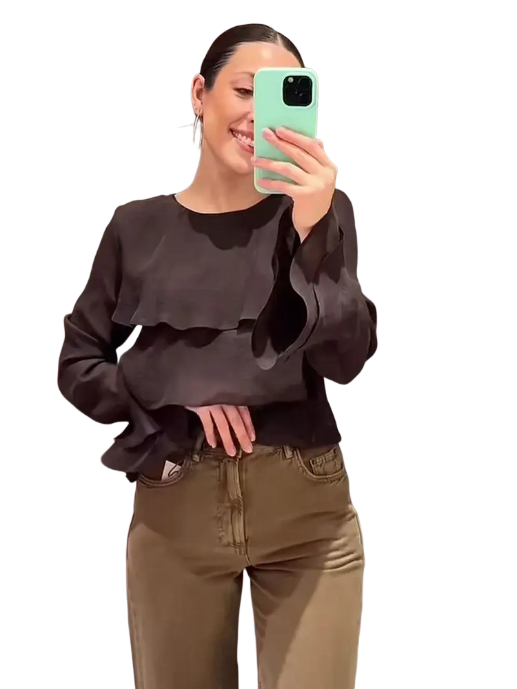 Black ruffled long-sleeve top featuring a brown chiffon flare sleeve style for elegant wear
