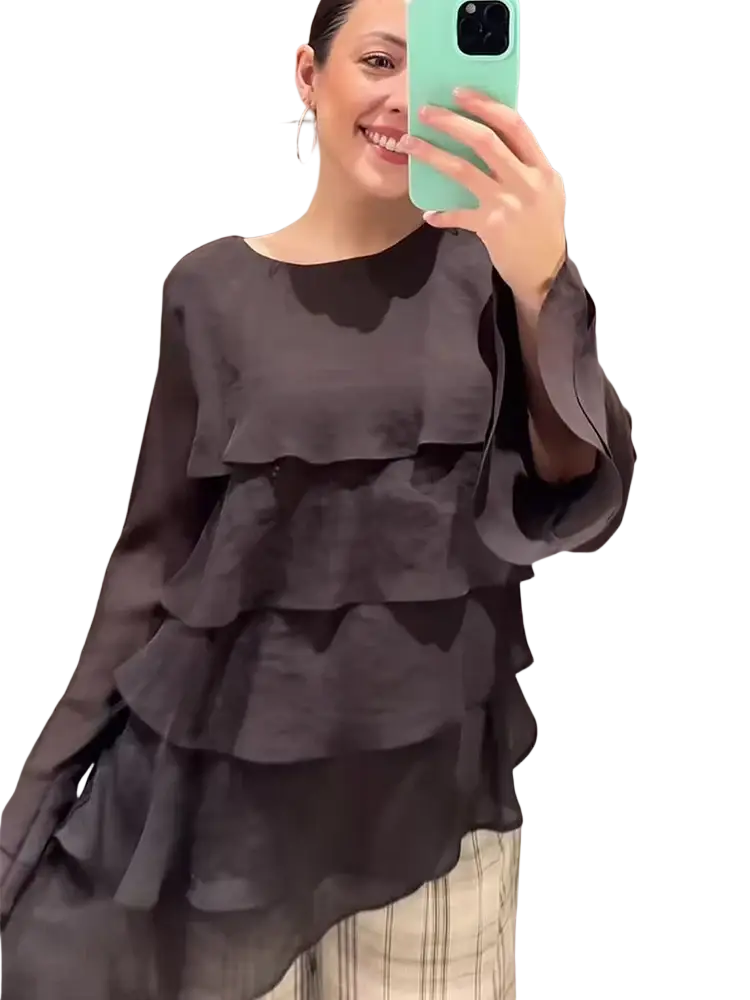 Black tiered ruffle blouse with flowing sheer fabric and unique sleeve style in brown chiffon flare sleeve blouse product line