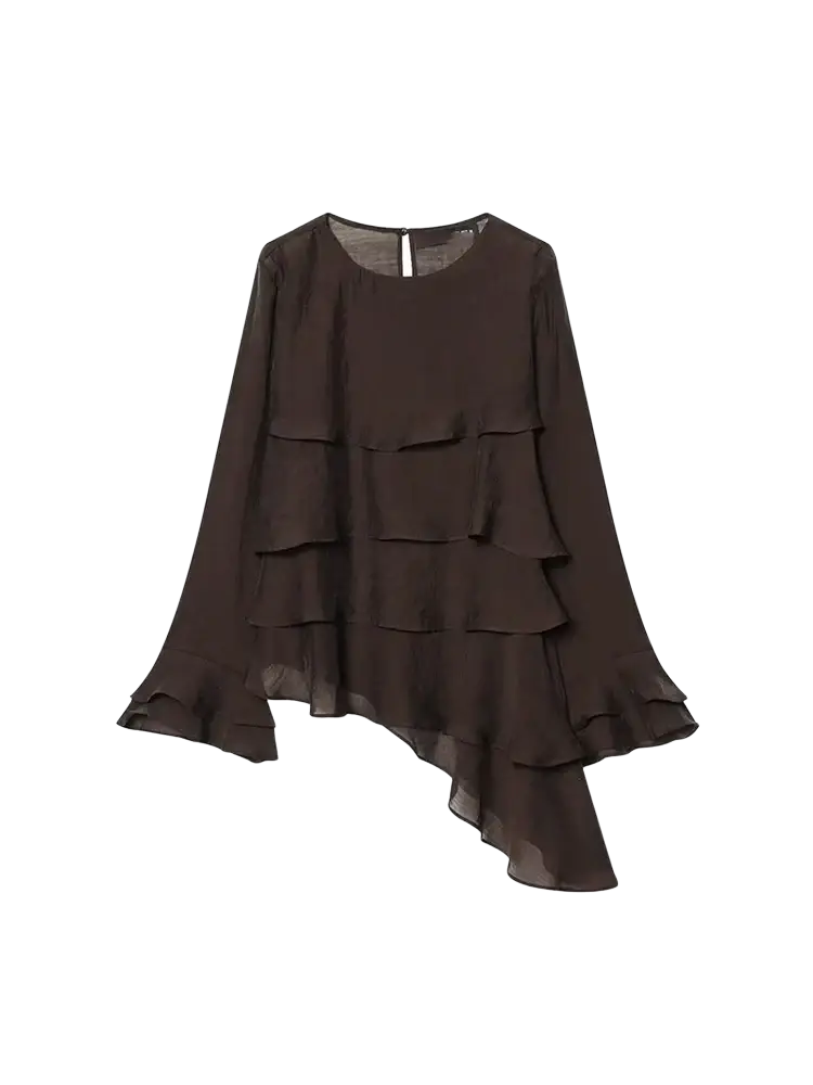 Brown chiffon flare sleeve blouse featuring dark brown sheer fabric with layered ruffles and flare sleeve style