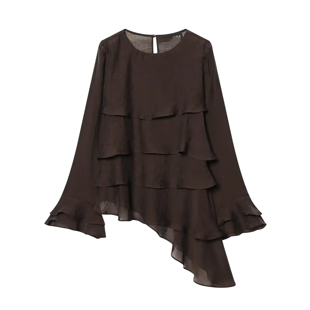 Brown chiffon flare sleeve blouse with dark brown sheer fabric layered ruffles and asymmetrical hemline sleeve style