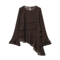 Brown chiffon flare sleeve blouse with dark brown sheer fabric layered ruffles and asymmetrical hemline sleeve style