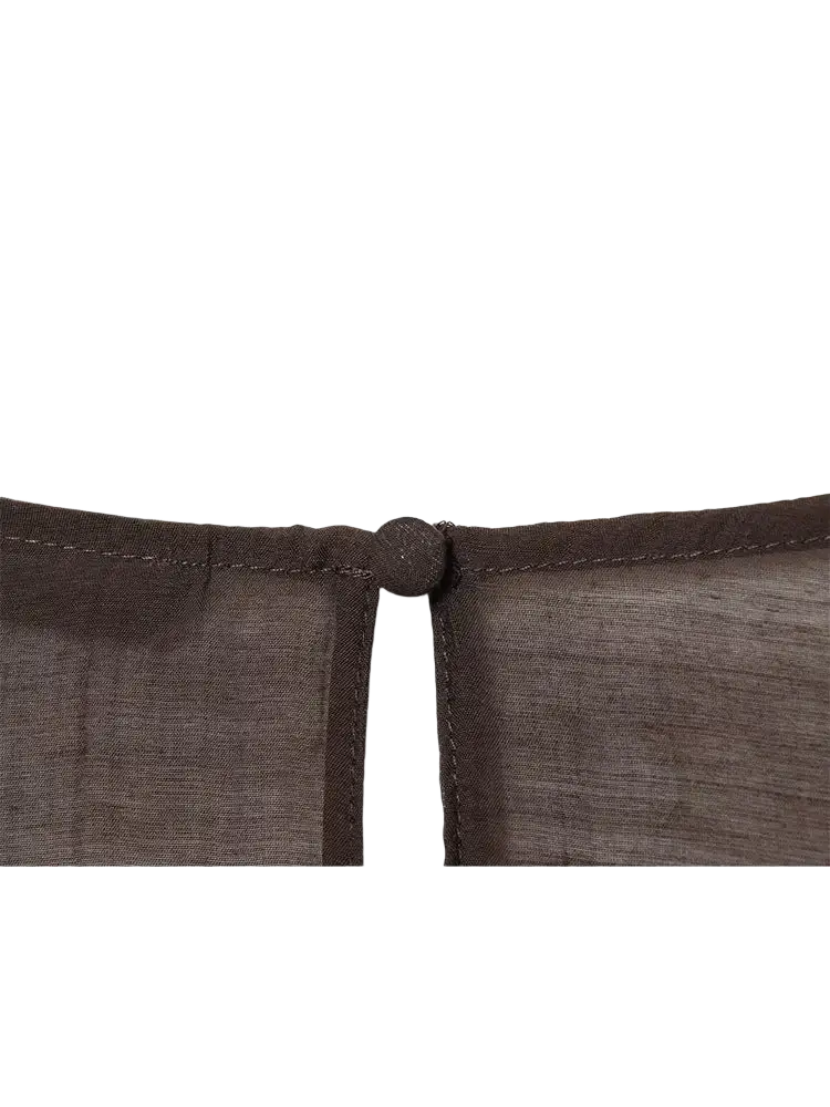 Brown chiffon flare sleeve blouse with subtle textured fabric and matching button closure showcasing sleeve style detail