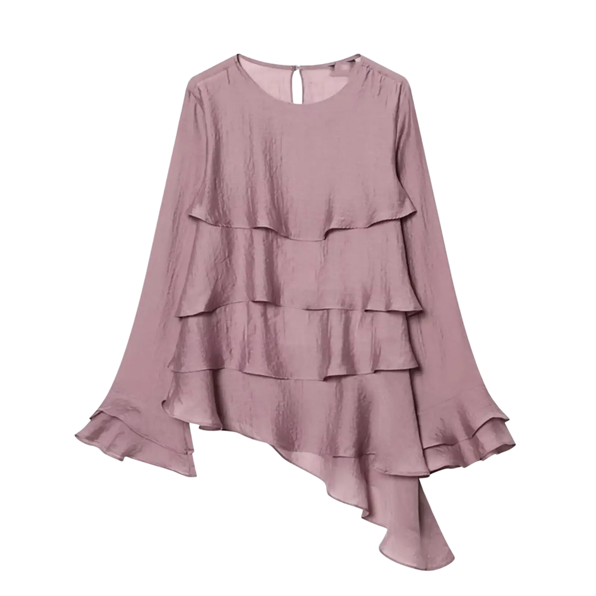 Brown chiffon flare sleeve blouse featuring a soft mauve layered ruffle front and asymmetrical hem with unique sleeve style