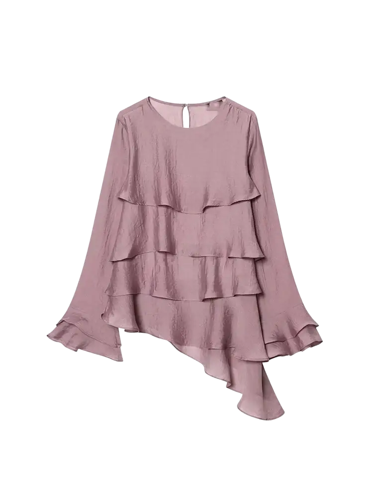 Brown chiffon flare sleeve blouse in soft mauve with long sleeves and layered ruffles detail sleeve style