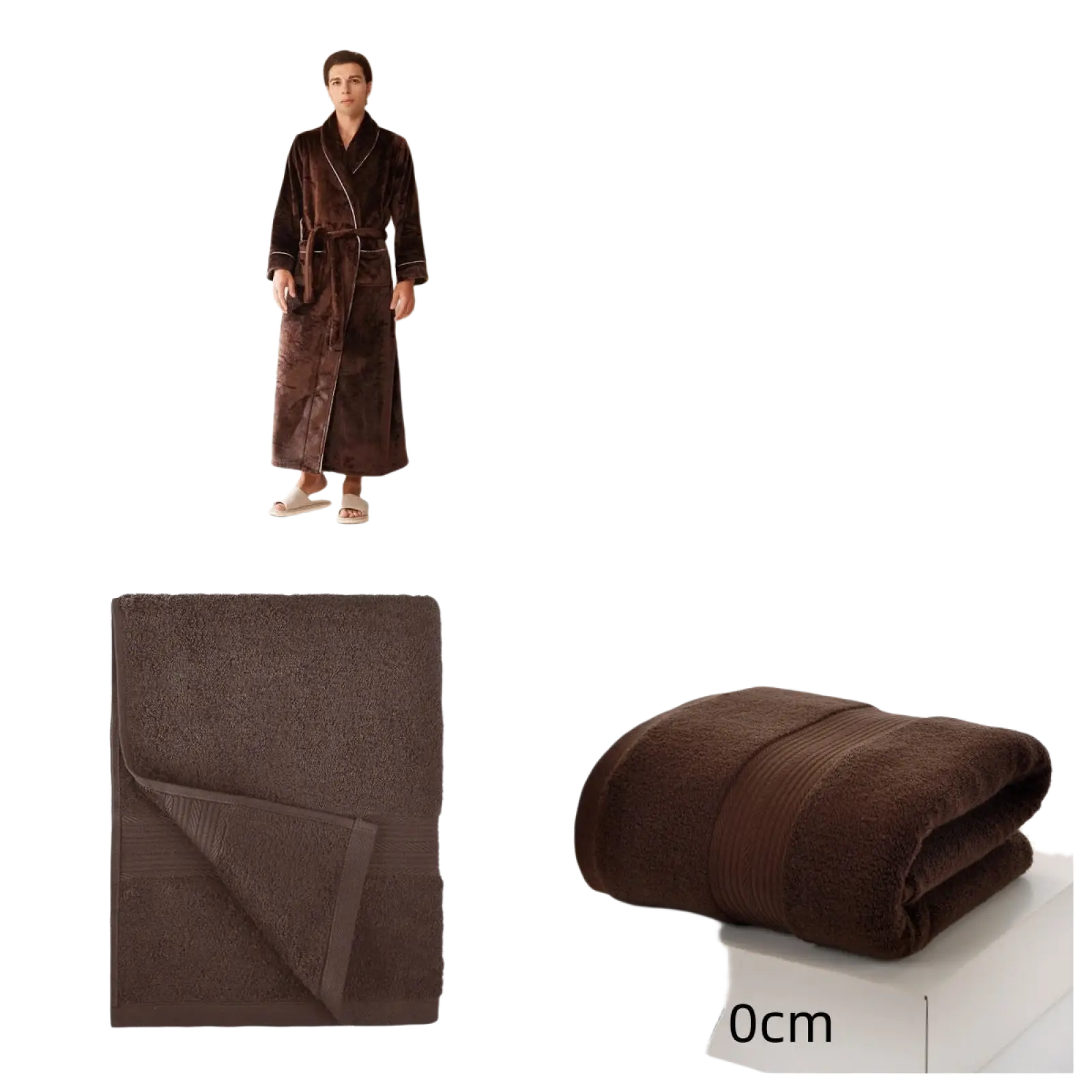 Brown coral fleece bathrobe set featuring a brown plush velour robe with belt and matching soft towels