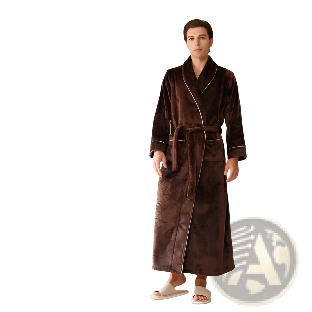 Brown coral fleece bathrobe set featuring a plush brown velvet robe with subtle marbled pattern and white piping details