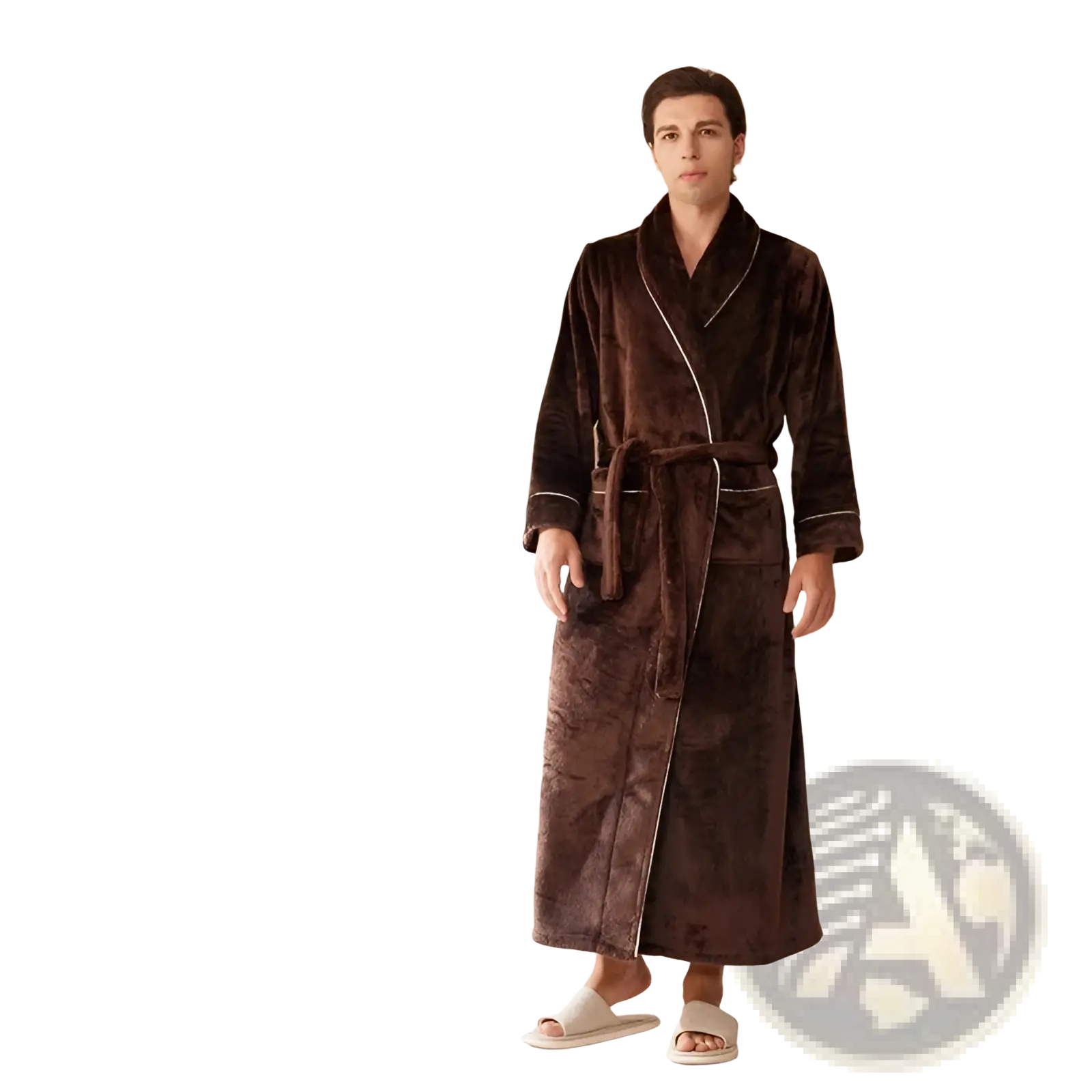 Brown coral fleece bathrobe set featuring a plush brown velvet robe with subtle marbled pattern and white piping details