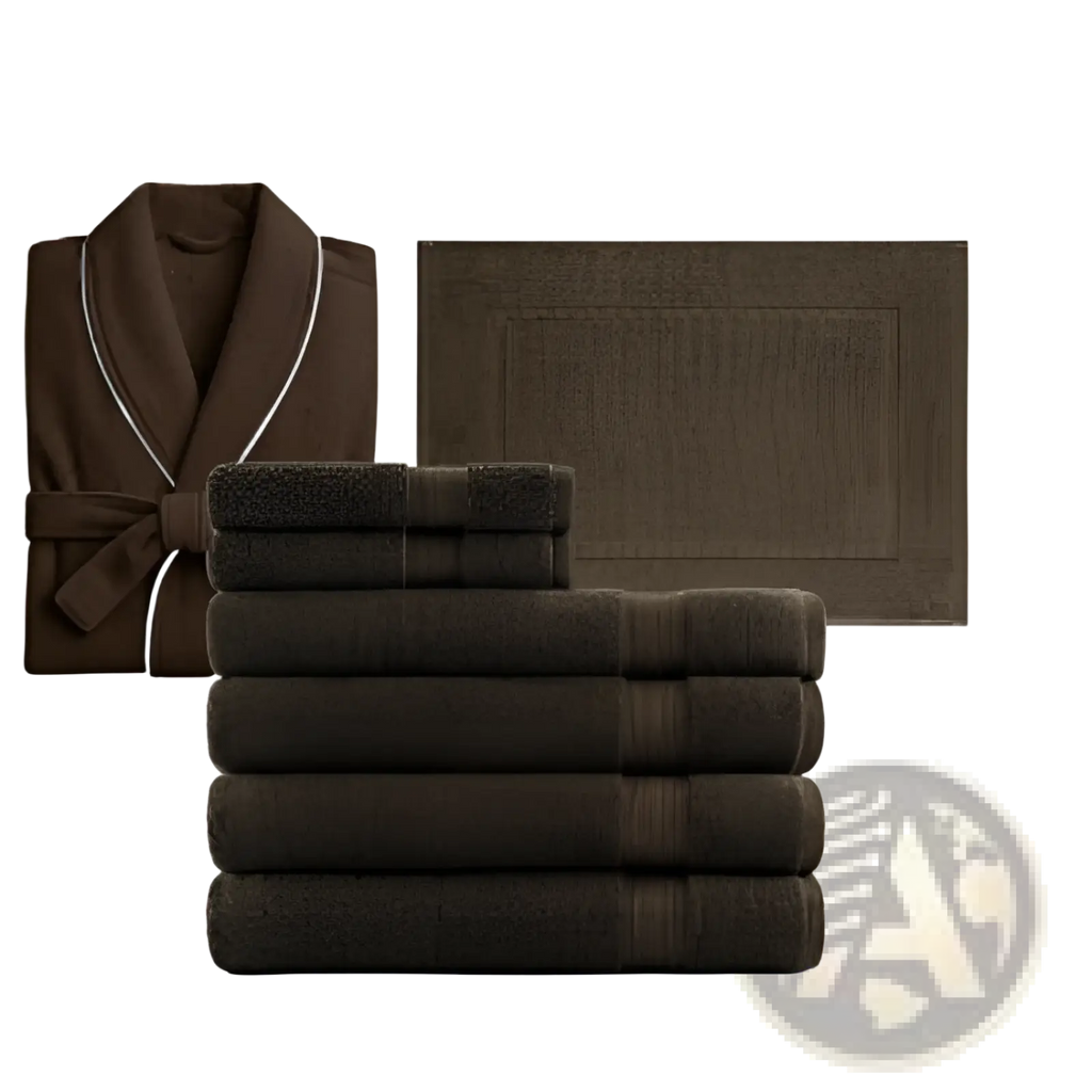 Brown coral fleece bathrobe set featuring a brown bathrobe with white piping and matching dark brown towels and bath mat