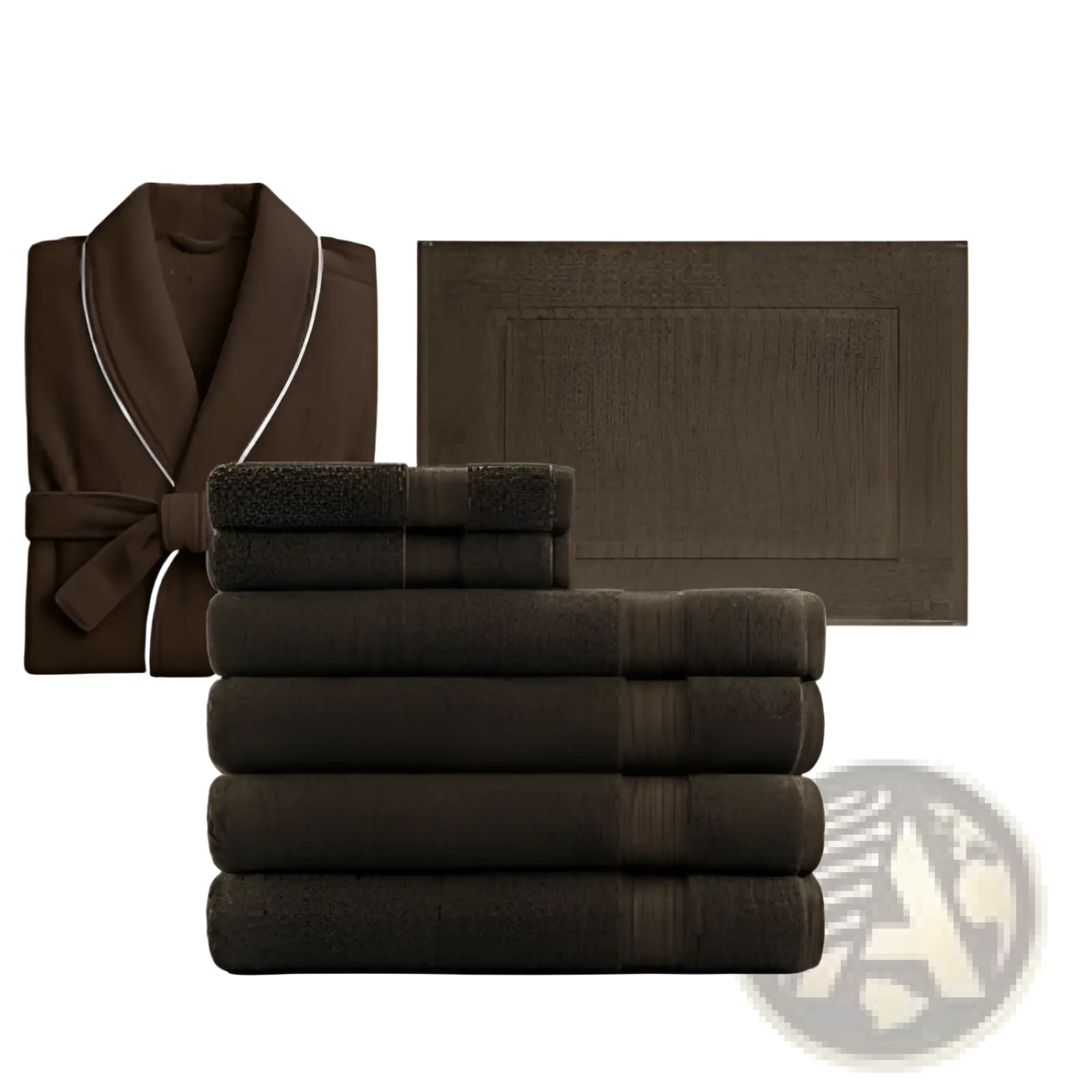 Brown coral fleece bathrobe set featuring a brown bathrobe with white piping and matching dark brown towels and bath mat