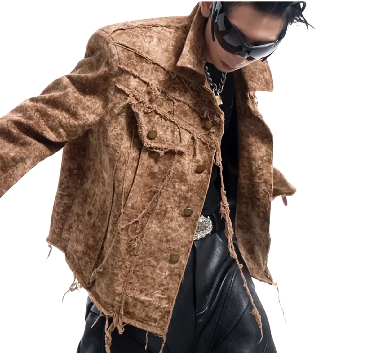 Brown distressed denim jacket for men featuring frayed edges and metallic buttons made from durable denim material