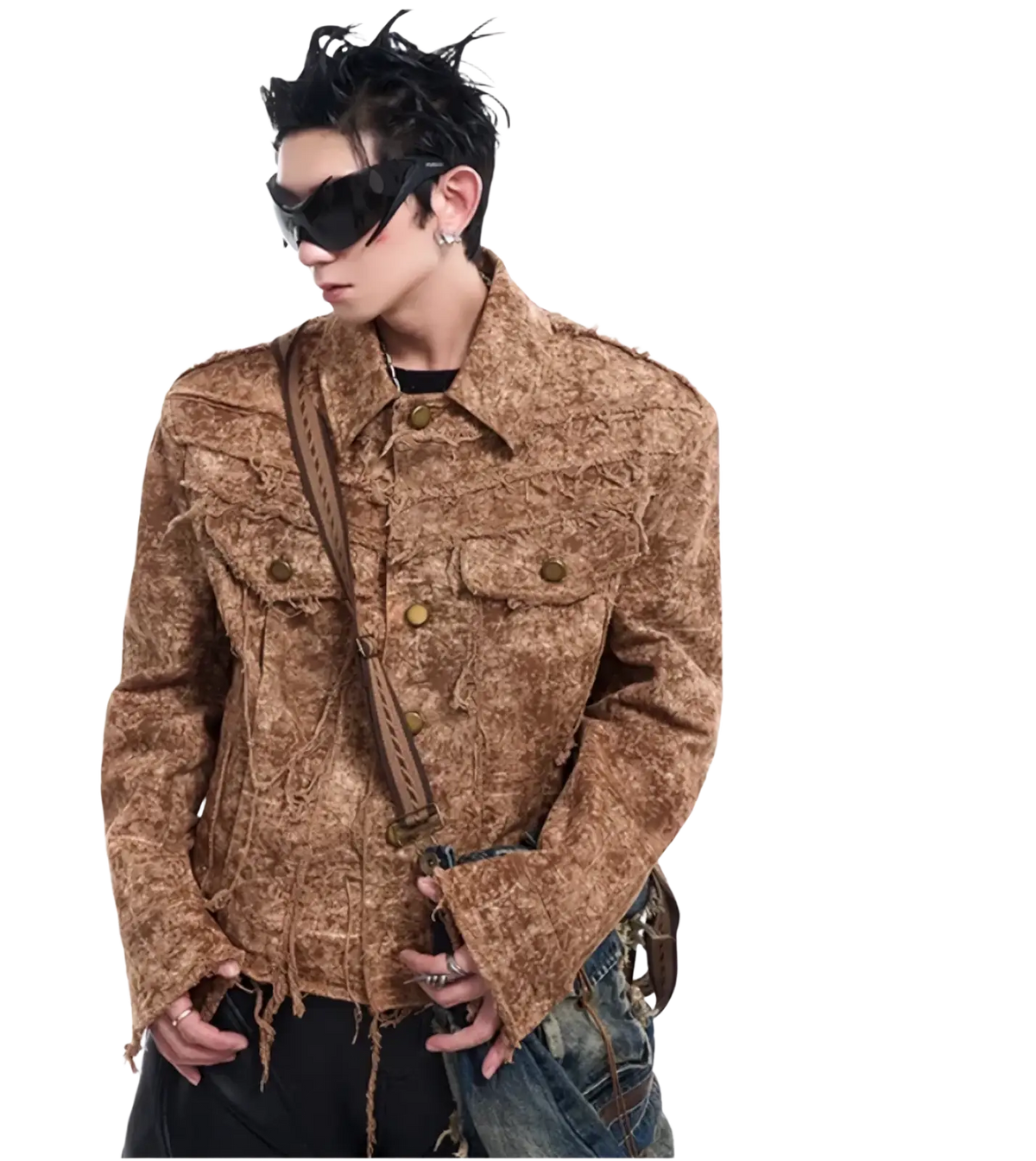 Brown distressed denim jacket men with frayed edges and rugged worn texture in brown denim material