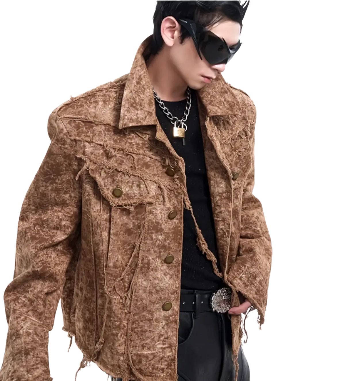 Brown distressed denim jacket for men featuring frayed edges and a rugged worn texture in brown color