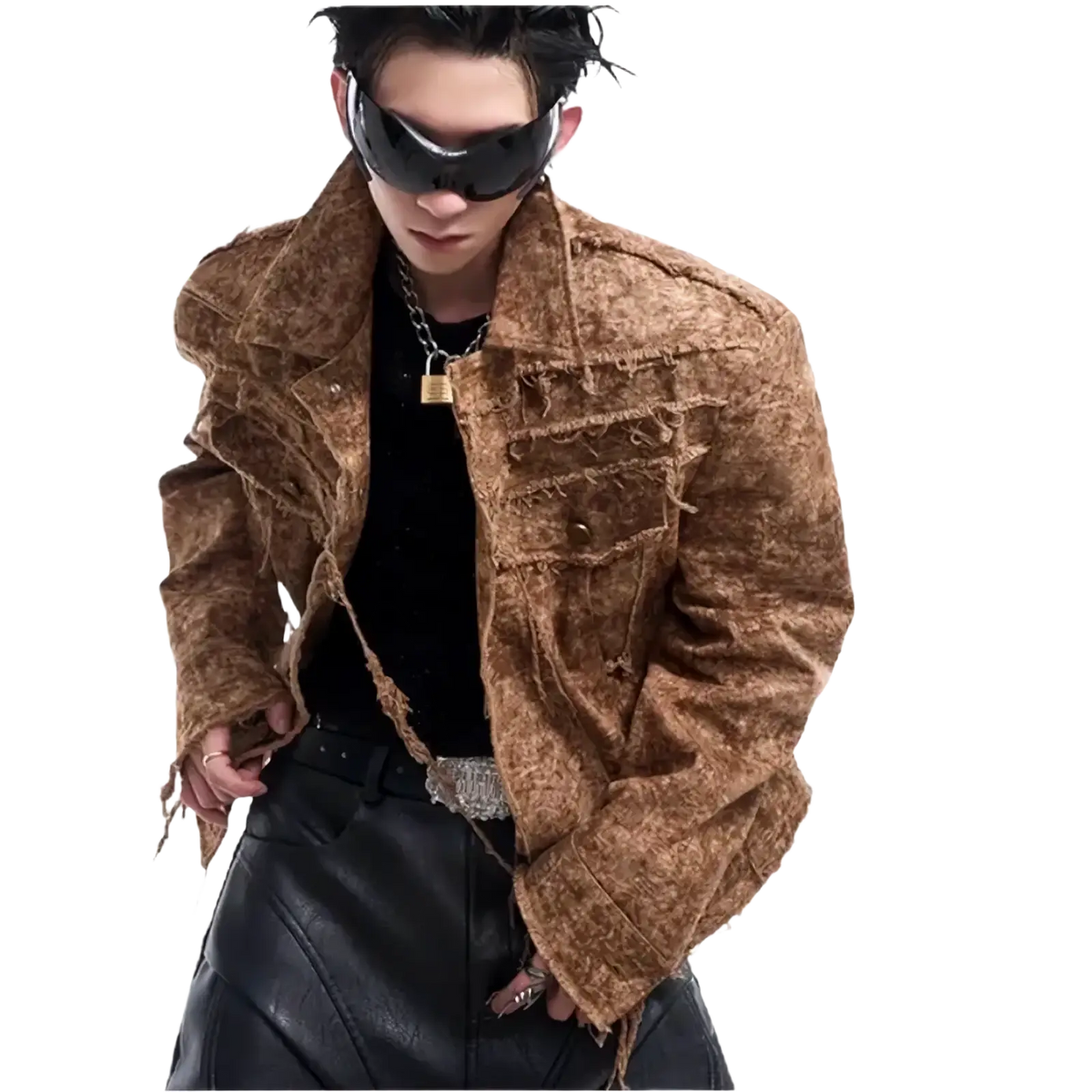 Brown distressed denim jacket for men featuring brown distressed faux leather with frayed edges and rugged texture