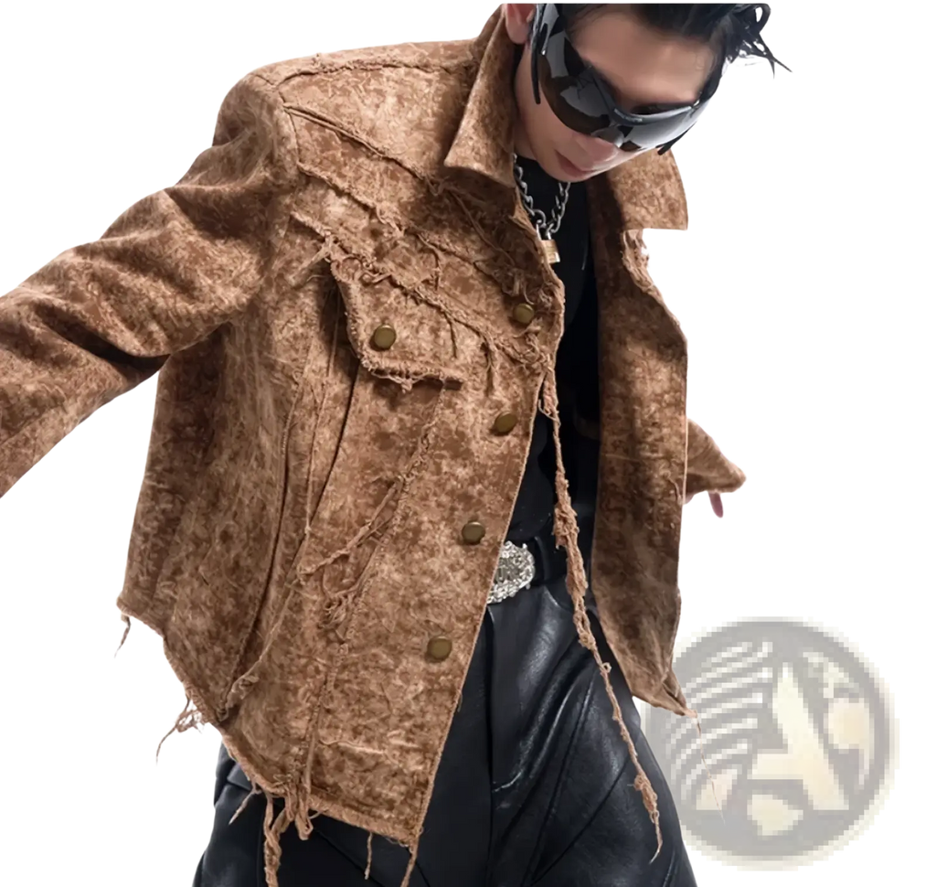 Brown distressed denim jacket for men featuring frayed edges and metallic buttons made from durable denim material