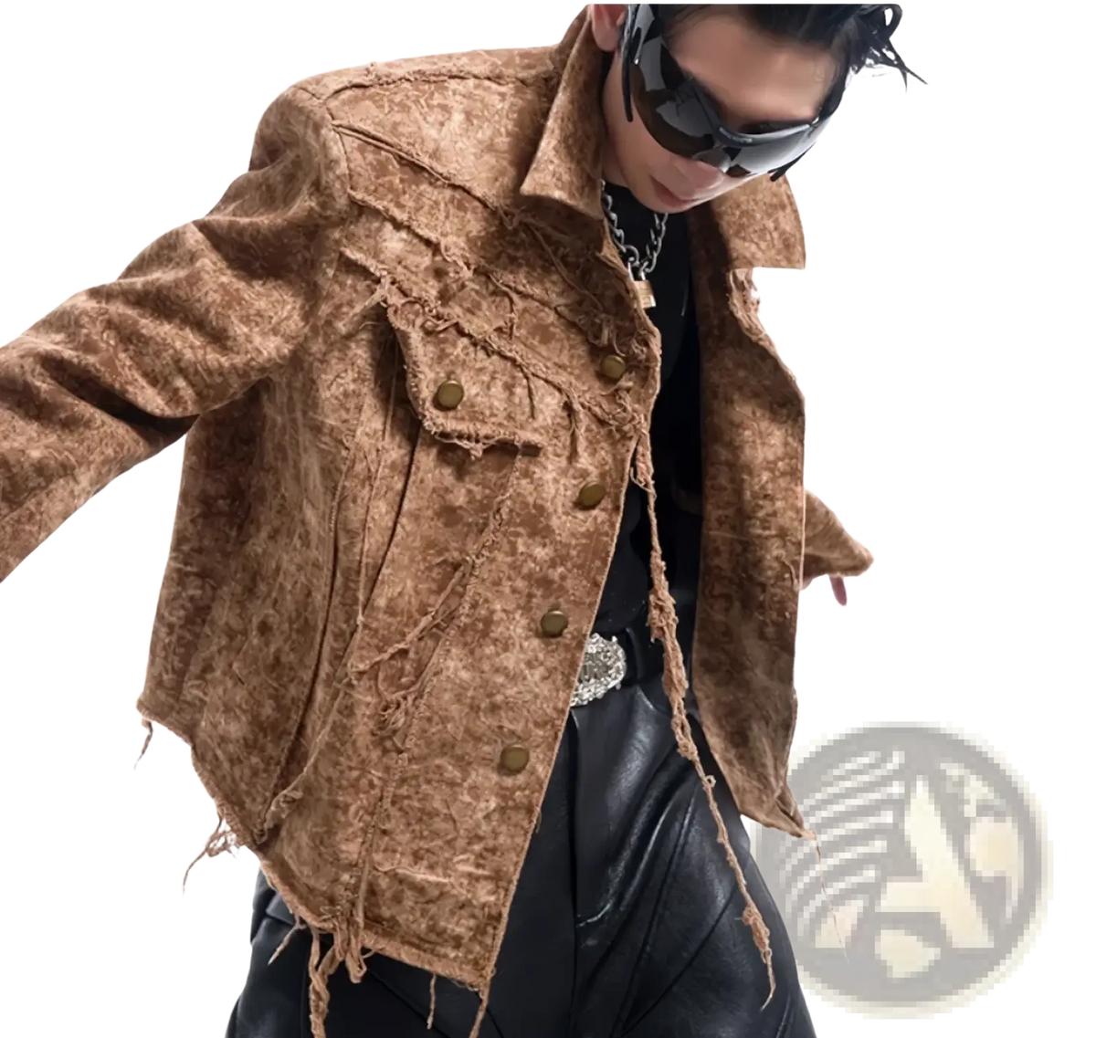 Brown distressed denim jacket for men featuring frayed edges and metallic buttons made from durable denim material