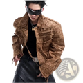 Brown distressed denim jacket for men featuring brown distressed faux leather with frayed edges and rugged texture