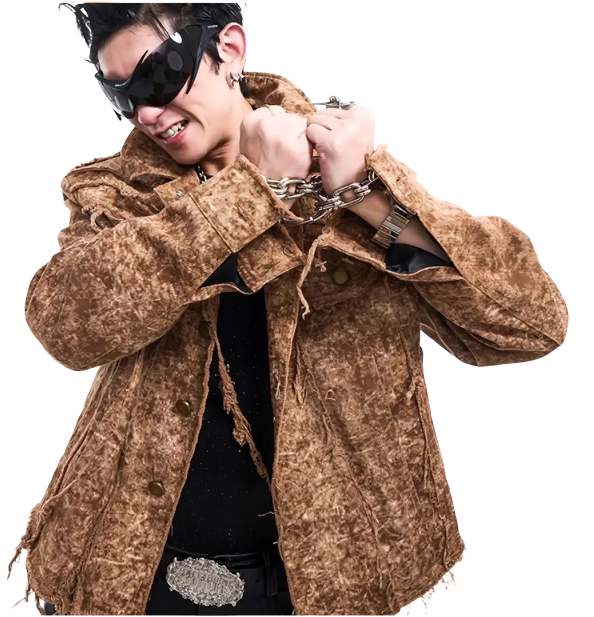 Brown distressed denim jacket for men with textured fabric, frayed edges, and metallic buttons