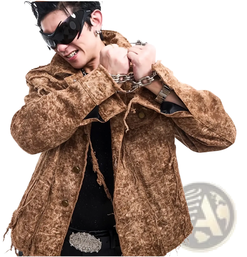 Brown distressed denim jacket for men with textured fabric, frayed edges, and metallic buttons