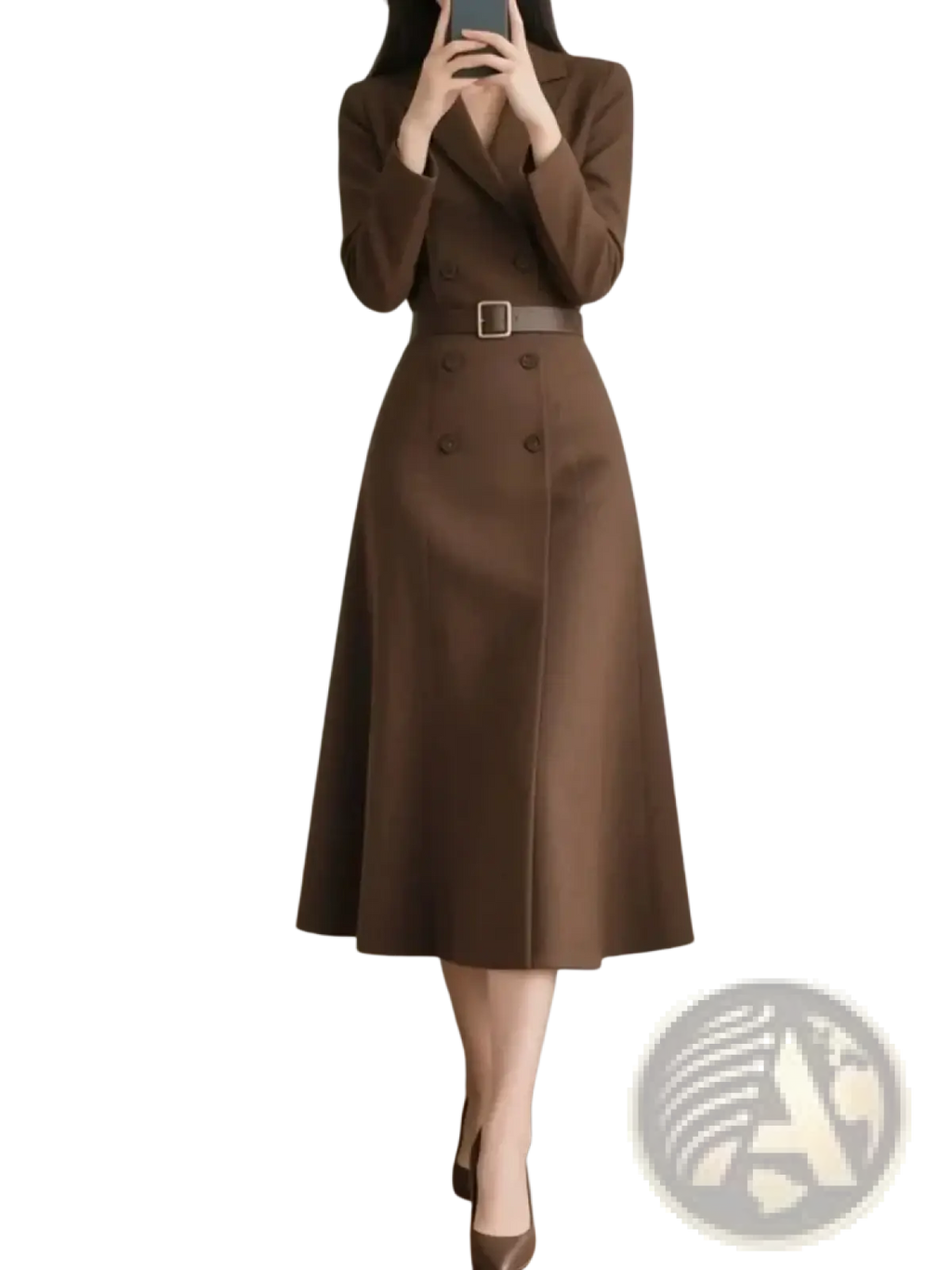 Brown double breasted midi dress with structured blazer style top and matching belt for formal wear