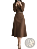 Brown double breasted midi dress with structured blazer style top and matching belt for formal wear