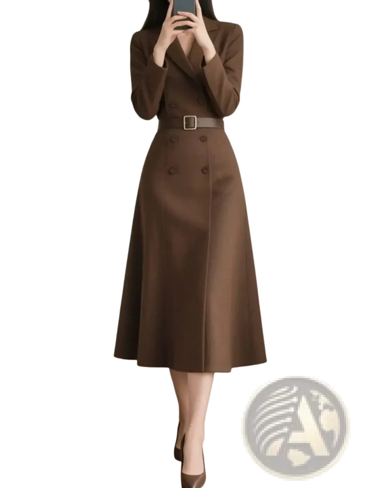 Brown double breasted midi dress with structured blazer style top and matching belt for formal wear