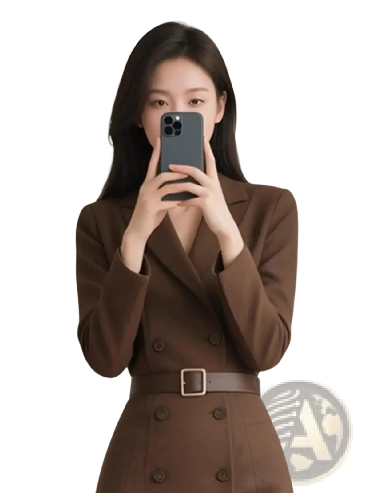 Brown double breasted blazer midi dress with matching skirt and belt made from brown fabric for formal wear