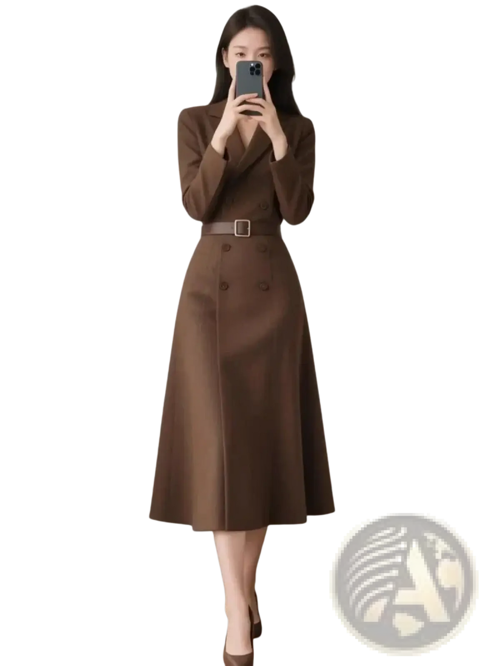 Brown double breasted blazer midi dress with tailored blazer top and flared skirt cinched by matching belt