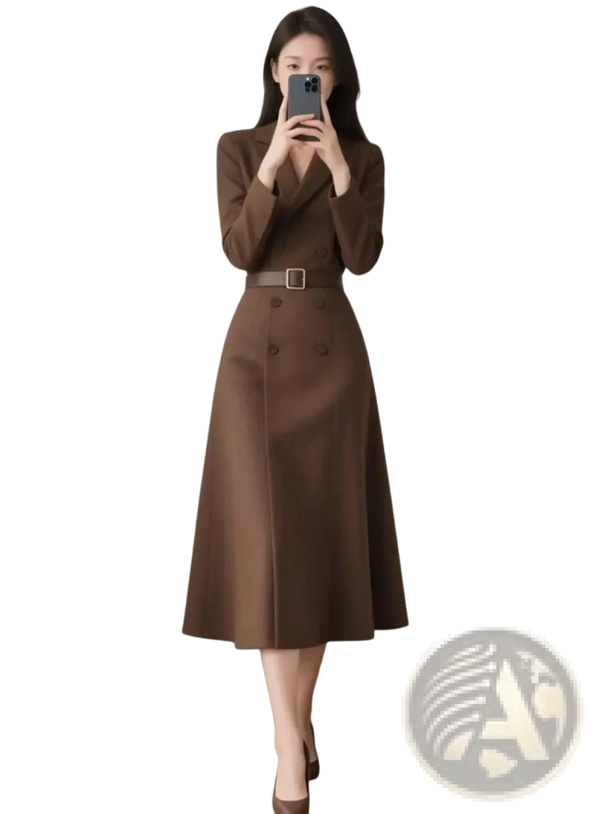 Brown double breasted blazer midi dress with tailored blazer top and flared skirt cinched by matching belt