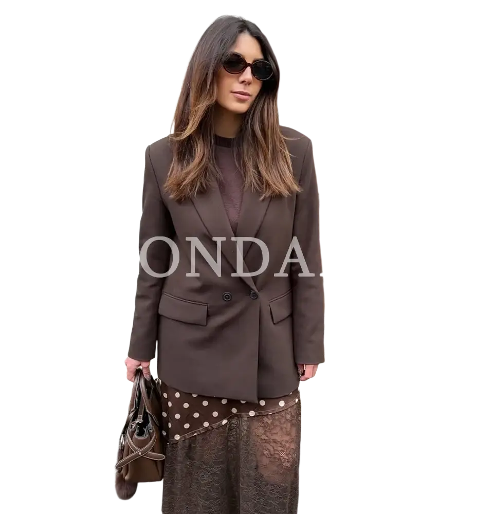 Brown double breasted office blazer for women with structured silhouette and two front flap pockets