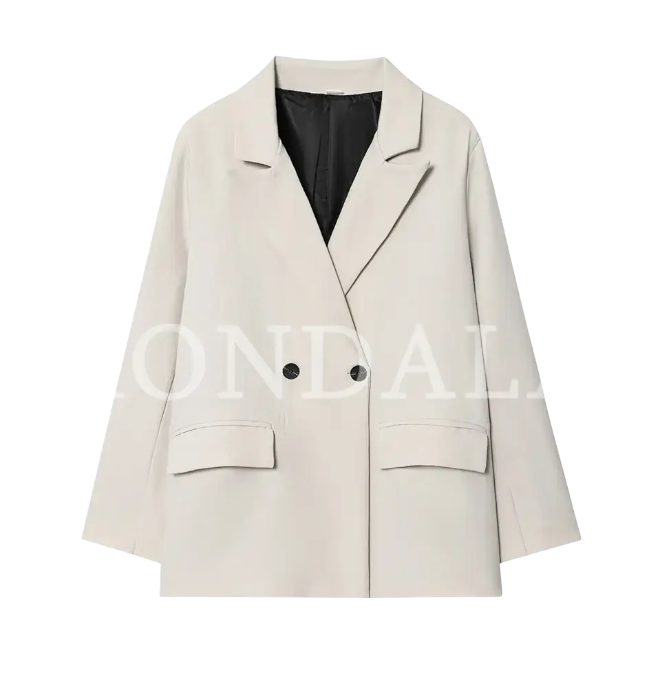Beige double-breasted office blazer for women with black buttons and sleek minimalist design