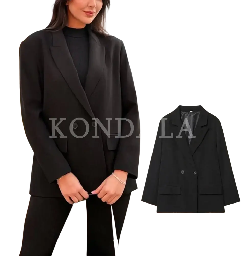 Black double-breasted office blazer for women with notched lapels flap pockets and a sleek tailored fit