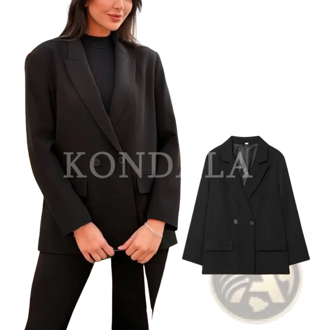 Black double-breasted office blazer for women with notched lapels flap pockets and a sleek tailored fit