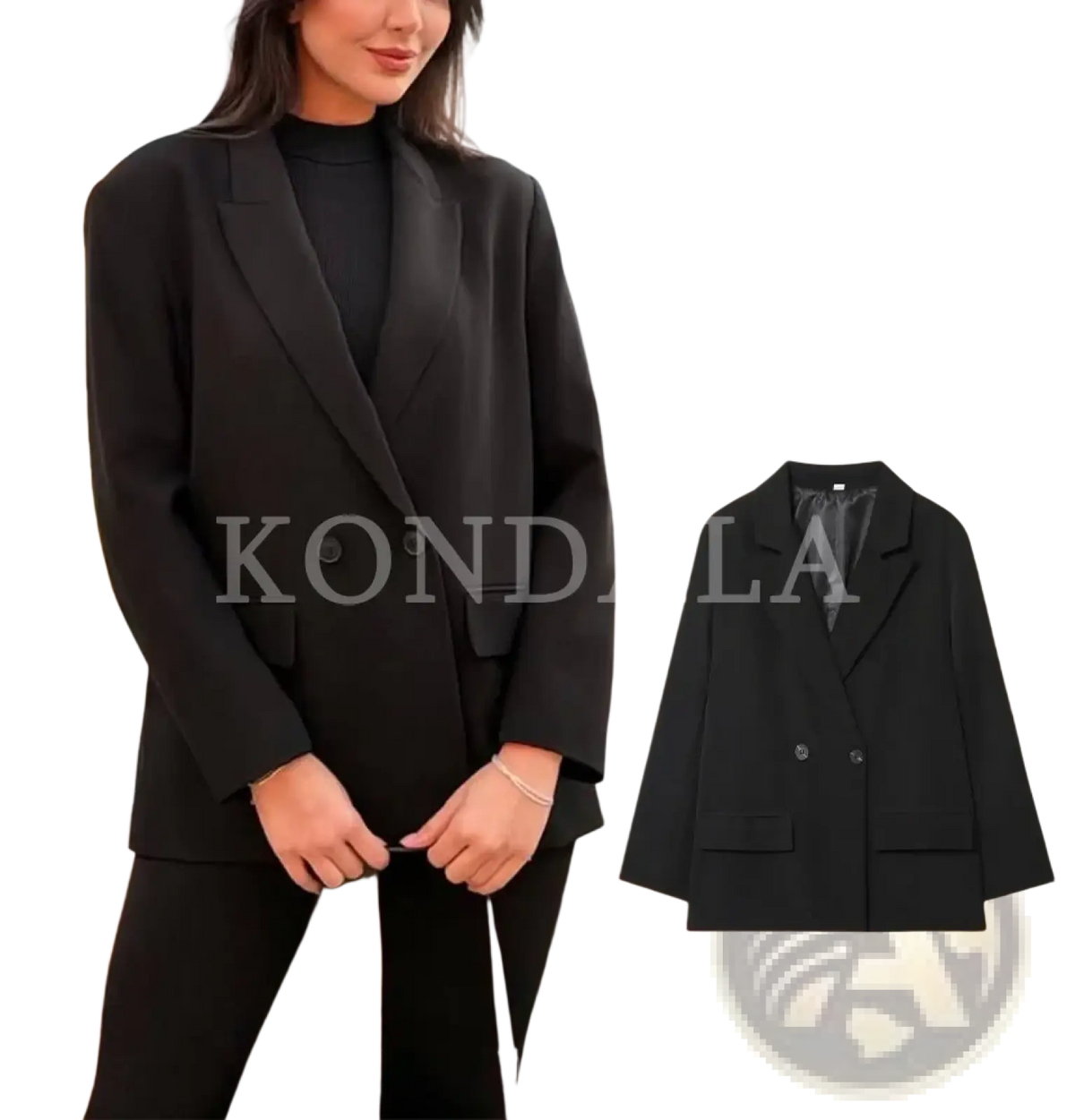 Black double-breasted office blazer for women with notched lapels flap pockets and a sleek tailored fit