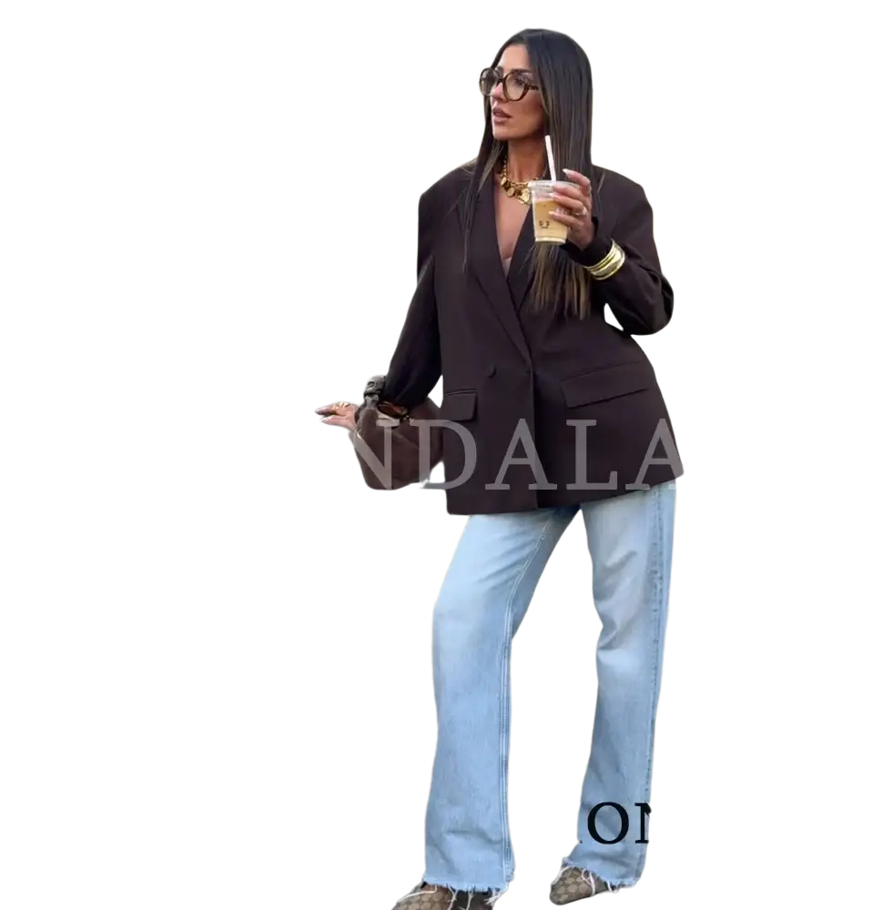 Dark brown double breasted office blazer for women with a structured oversized fit and tailored design