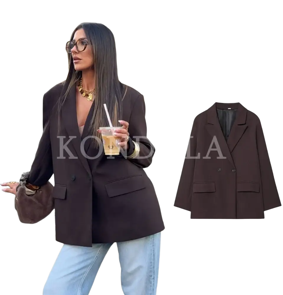 Brown double breasted office blazer for women by kondala with dark brown color structured silhouette and flap pockets
